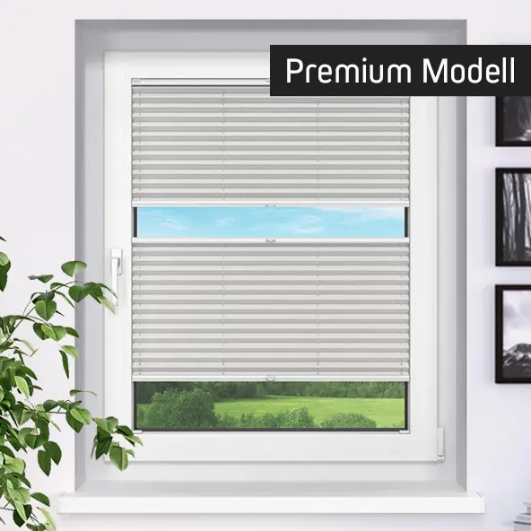 Fenster mit Cosiflor-Plissee, halb geöffnet, zeigt Landschaft im Hintergrund