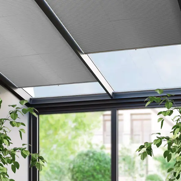 Dachfenster mit Plissees in einem Wintergarten, umgeben von Pflanzen