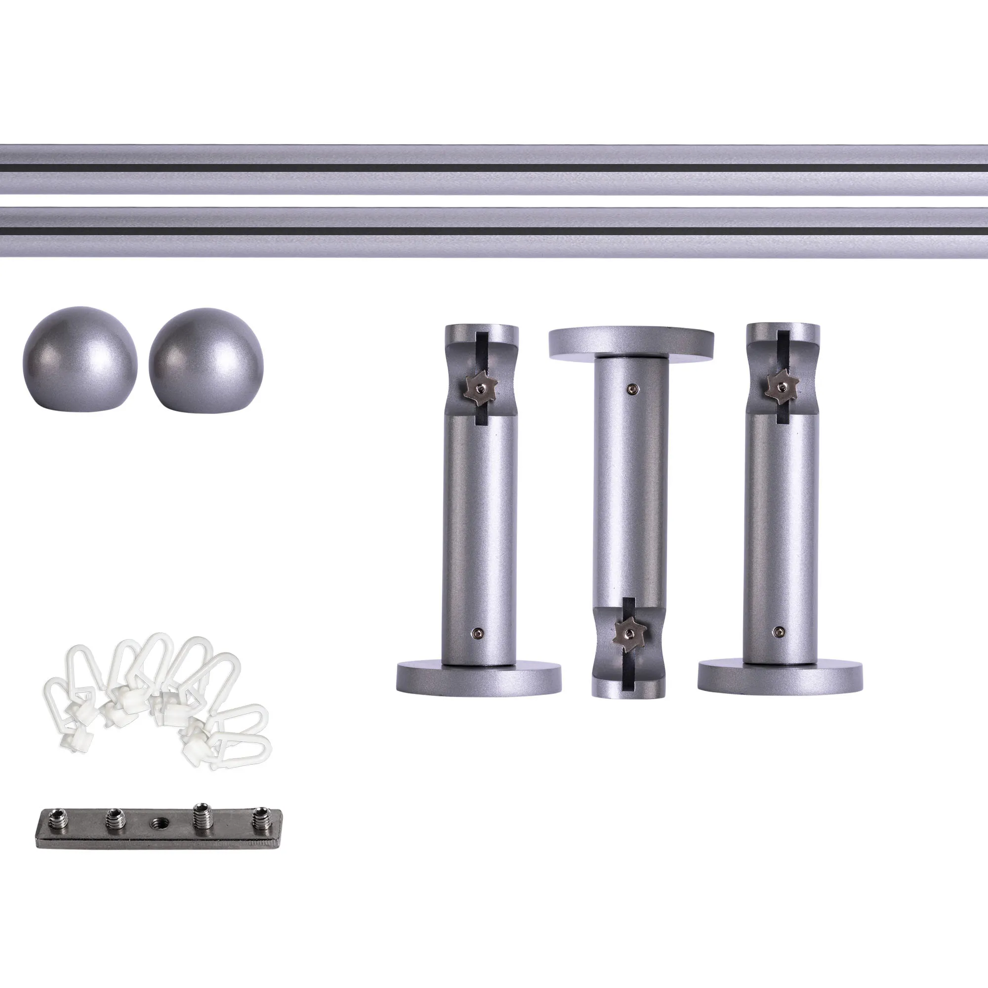 Set tringles à rideaux à rail intérieur | 1 rail, ⌀ 19 mm, 280 cm, argenté + Support mural, Boule, Glisseur