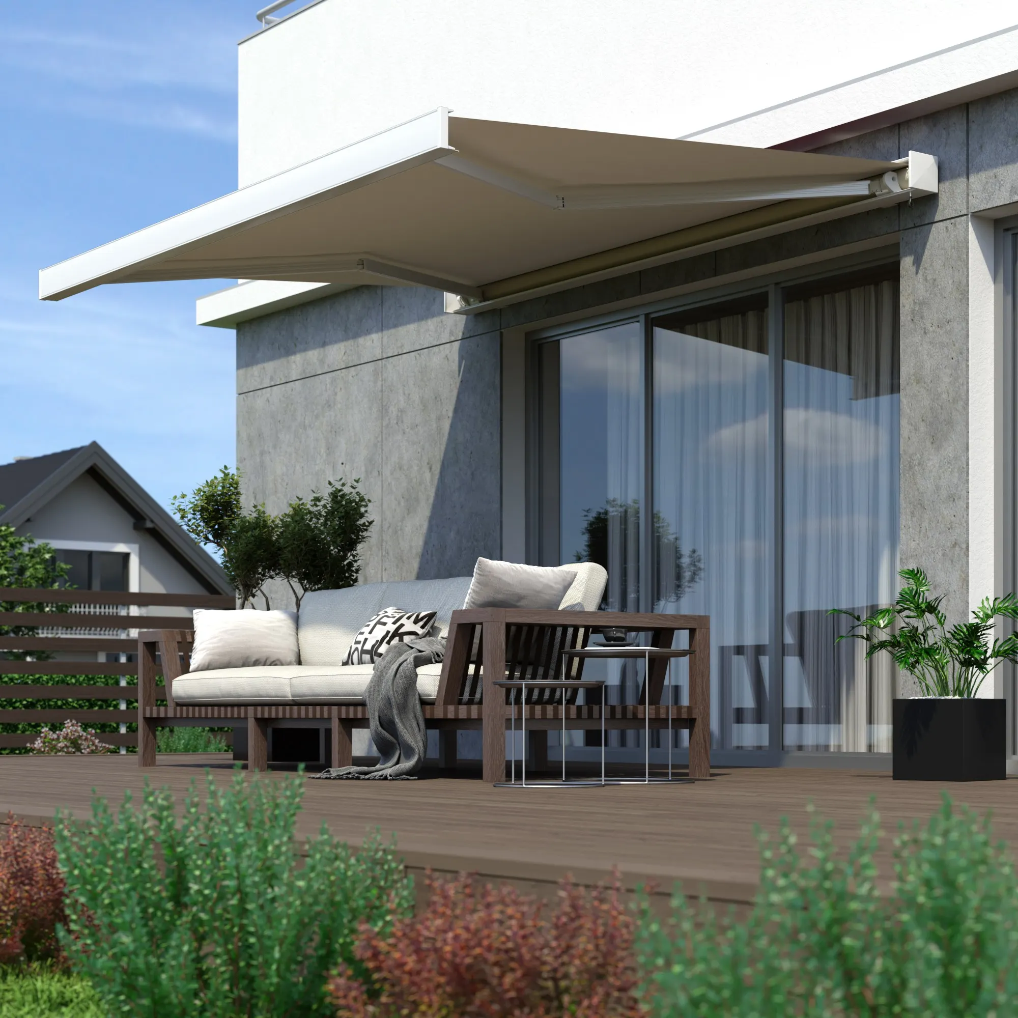 Kassettenmarkise Line | 4,5 x 3 m / Gestell: weiß / Stoff: Uni, hellbeige