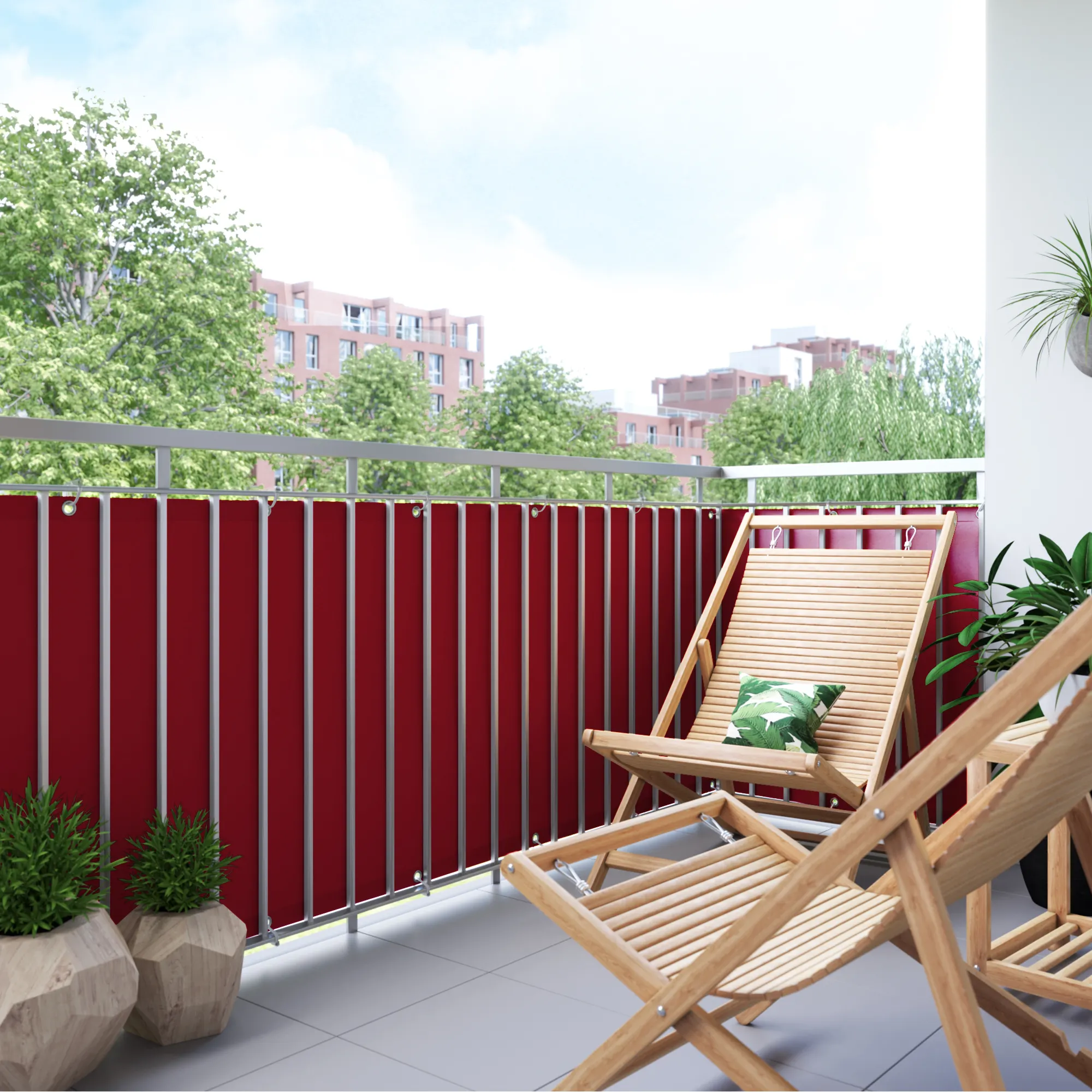 Rivestimento del balcone in poliestere, impermeabile, fissato al parapetto, con lettini e piante