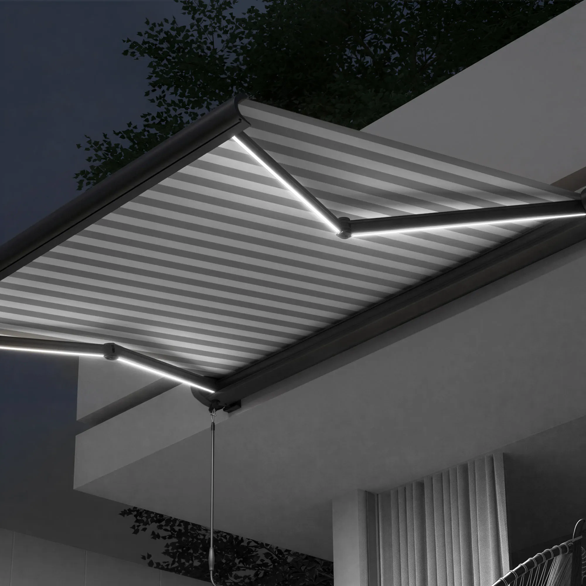 Kassettenmarkise Curve LED | 3,5 x 3 m, anthrazit, Stoff: grau-weiß, Blockstreifen