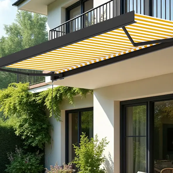 Moderne Kassettenmarkise an einem Haus, ausgefahren über einer Terrasse