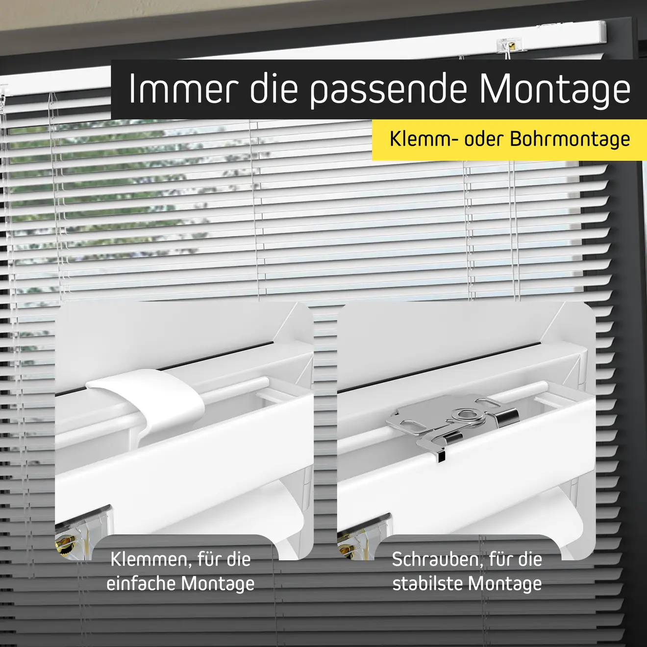 Aluminium-Jalousie mit Klemmbefestigung und Schraubmontage im Vergleich