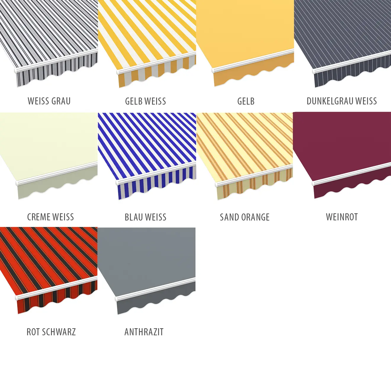 Verschiedene Designs der Gelenkarmmarkise Basic 2000 in einer Auswahl von Farben und Mustern