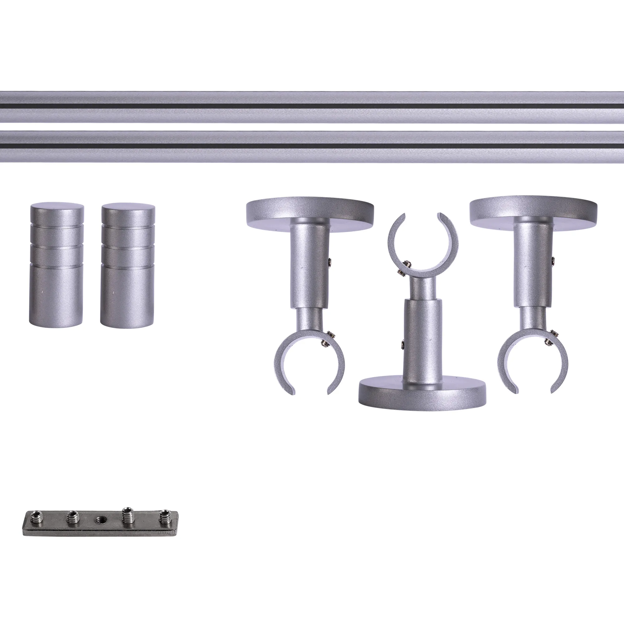 Set tringles à rideaux à rail intérieur | 1 rail, ⌀ 19 mm, 280 cm, argenté + Support plafond, Embout rainuré