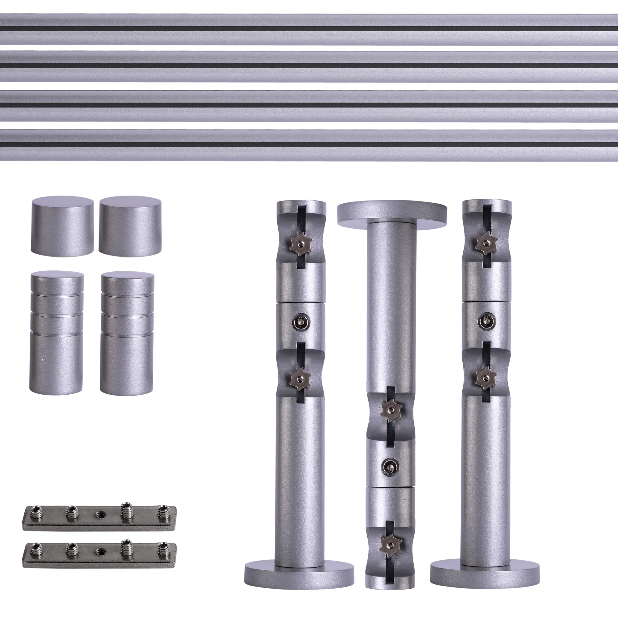 Set tringles à rideaux à rail intérieur | 2 rails, ⌀ 19 mm, 280 cm, argenté + Support mural, Embout rainuré