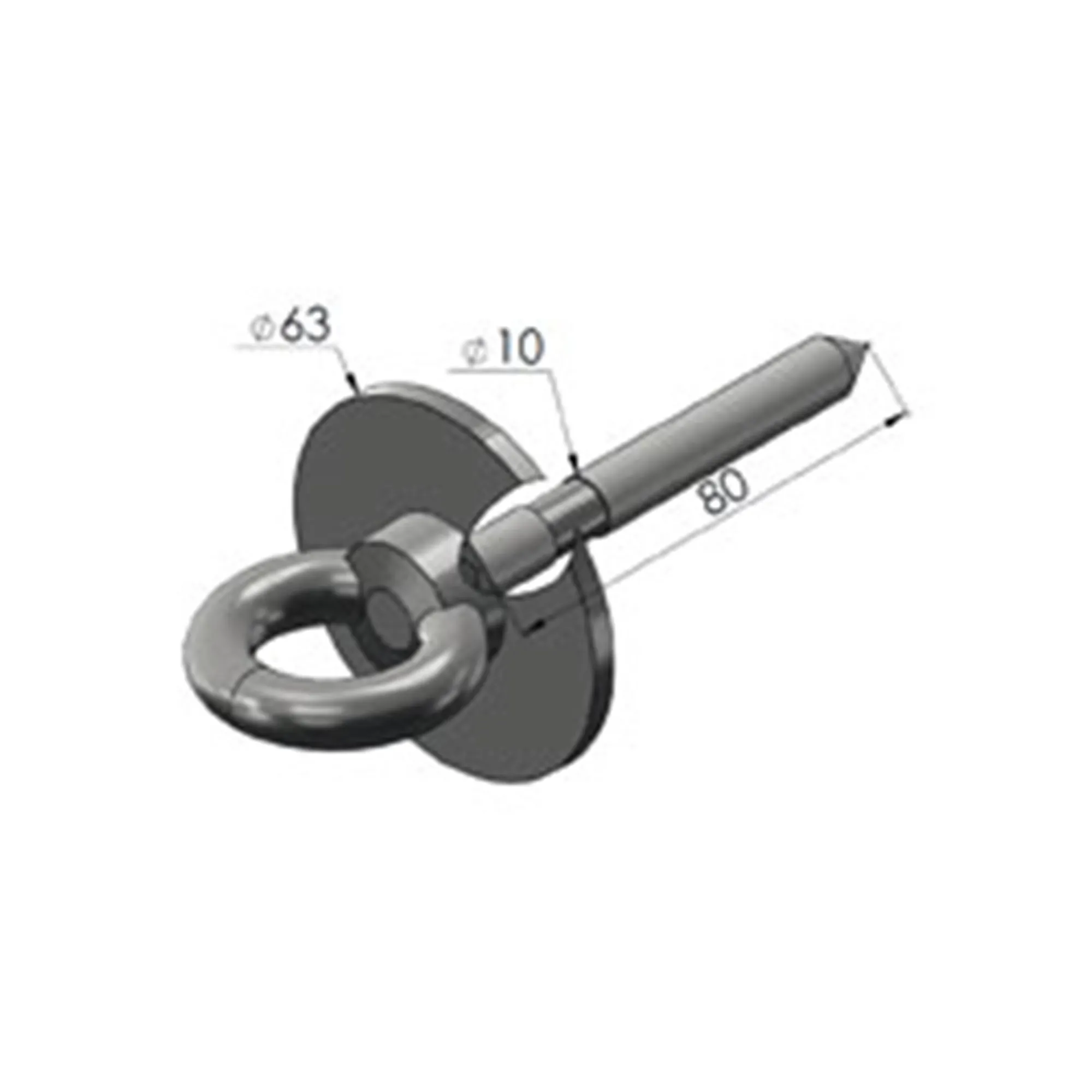 Ancoraggio in acciaio inox con anello e piastra di fissaggio, disegno tecnico con misure