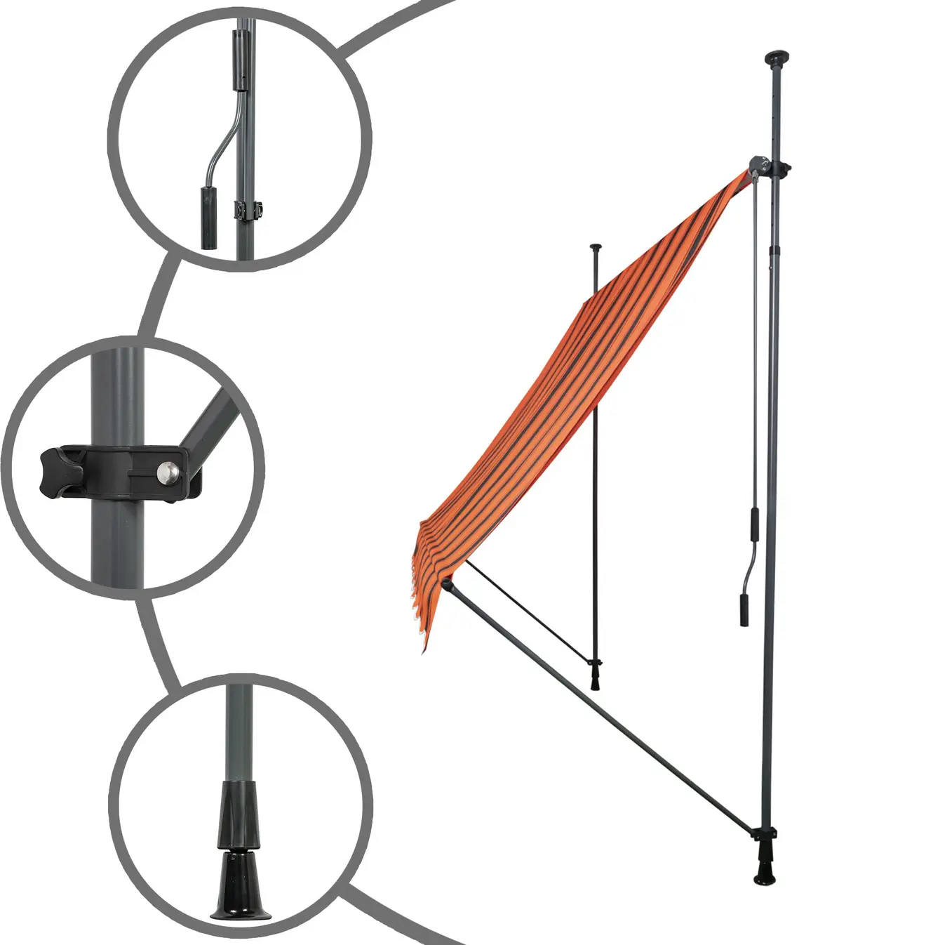 Klemm- und Balkonmarkise JAM 2000 mit verstellbarer Halterung und Kurbelmechanismus