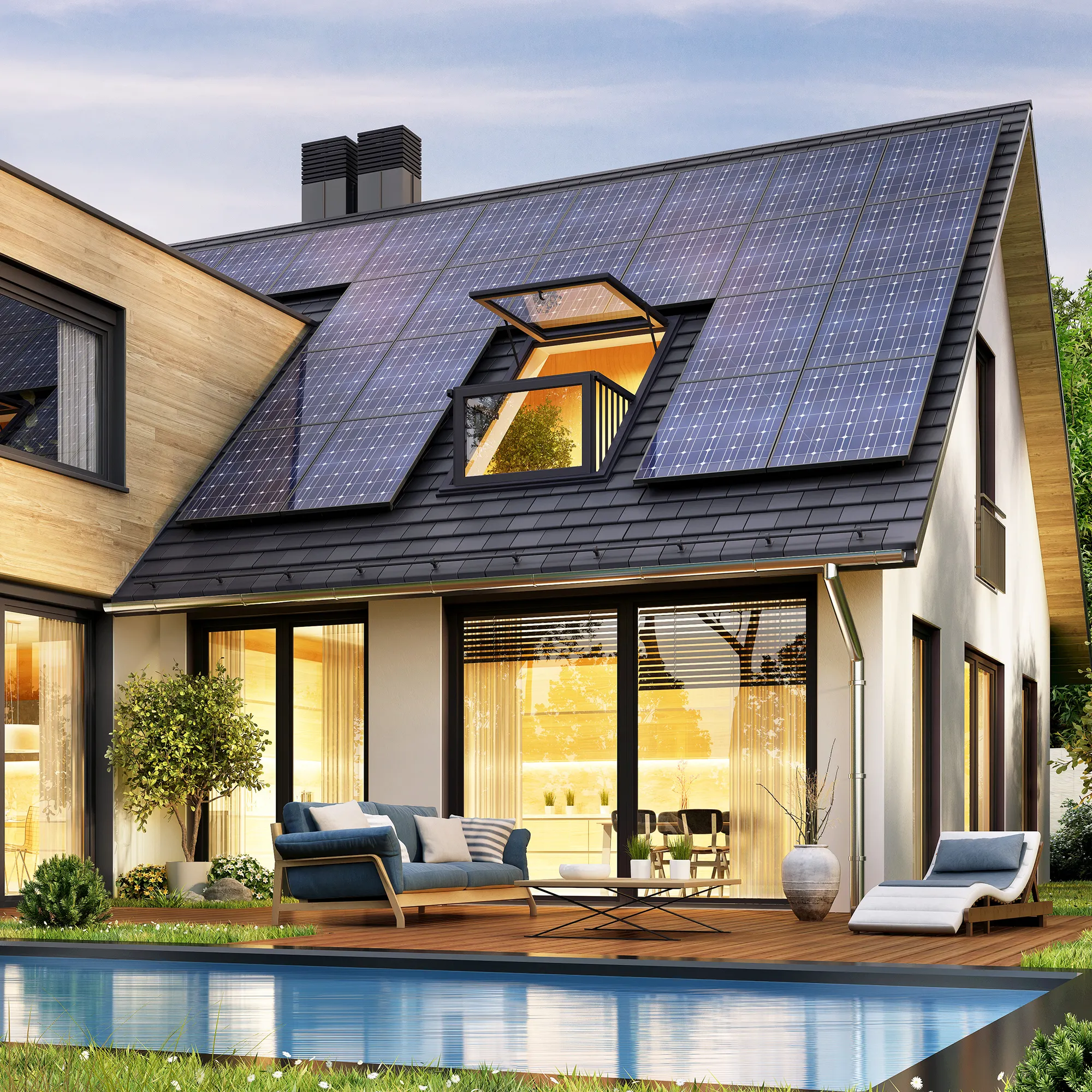 Casa moderna con pannelli solari sul tetto e terrazza vicino alla piscina