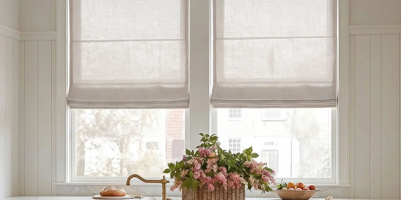 Zwei helle Raffrollos am Küchenfenster über Spüle, Vase mit Blumen