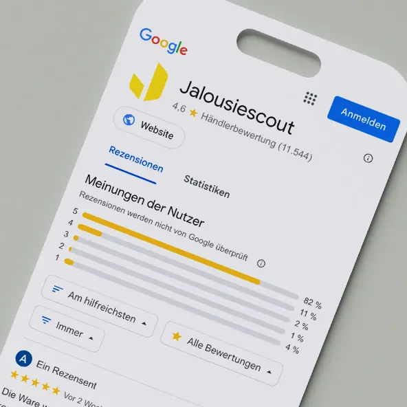 Smartphone-Bildschirm zeigt Google-Bewertungen für Jalousiescout mit Sternebewertung und Nutzermeinungen