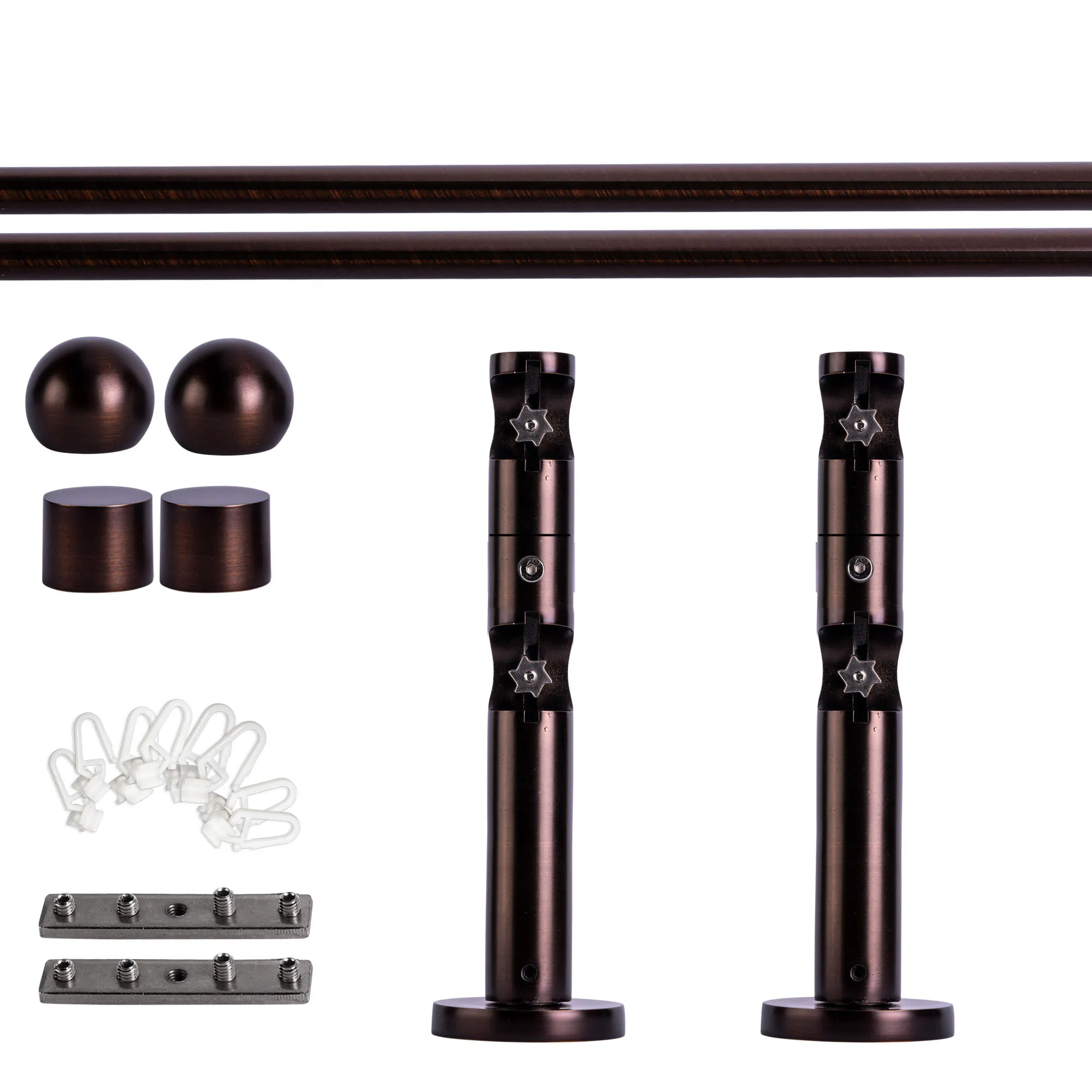Set tringles à rideaux à rail intérieur | 2 rails, ⌀ 19 mm, 200 cm, rouge-bronze + Support mural, Boule, Glisseur