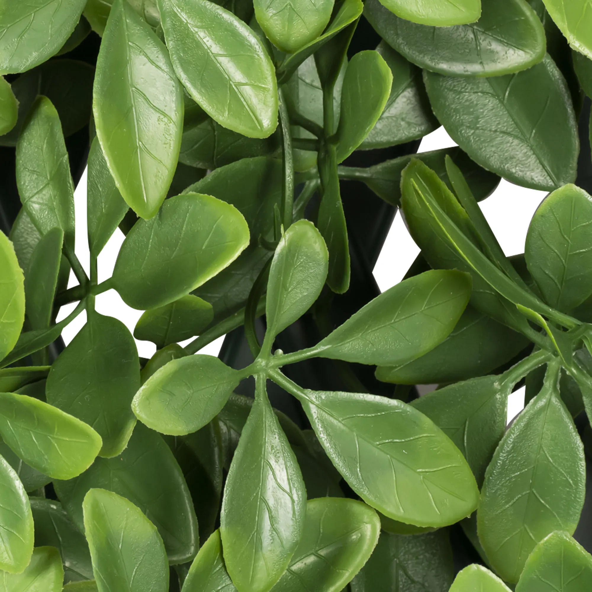 Parete di piante artificiali con fogliame denso in primo piano