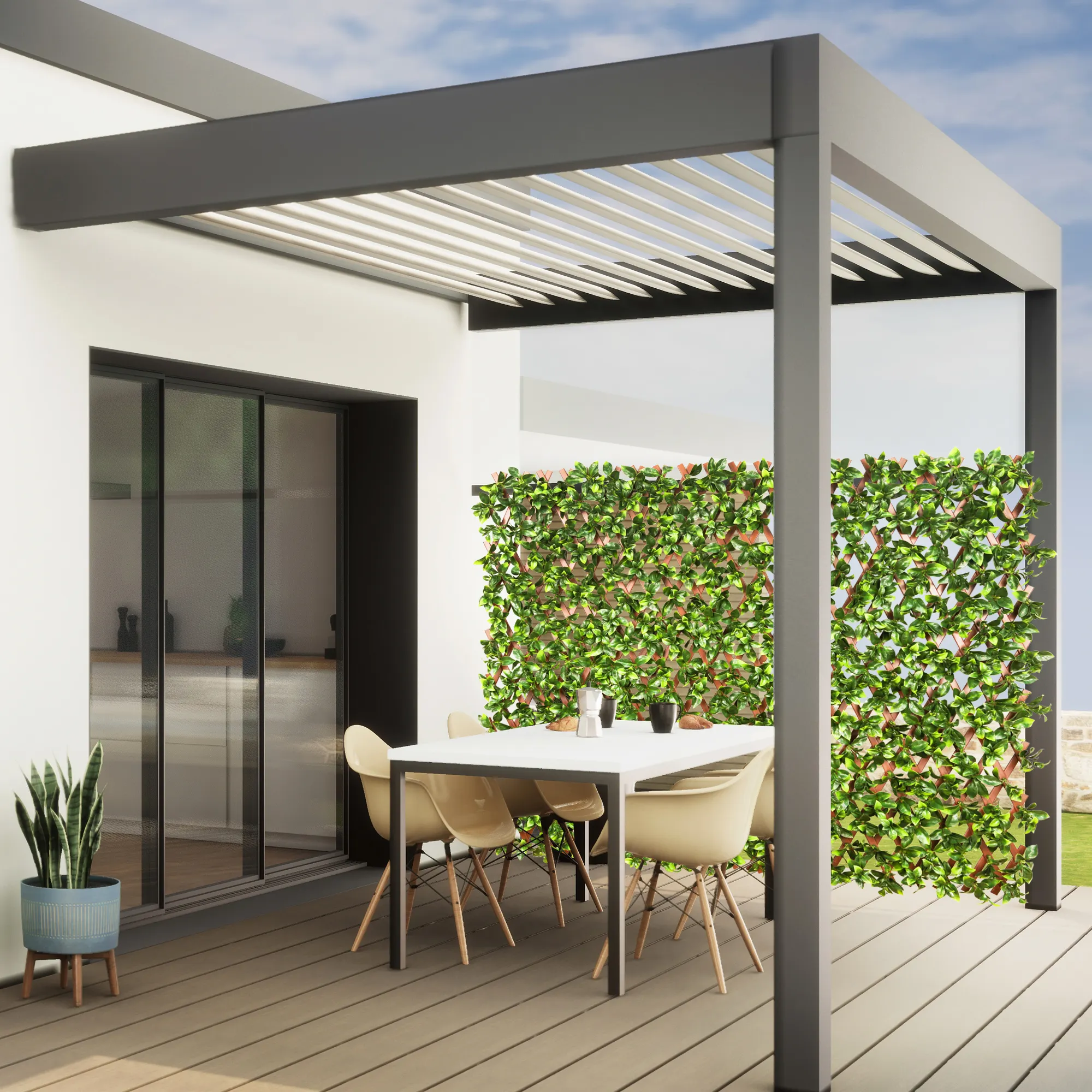 Persona rilassata nella vasca idromassaggio con bevanda, circondata da giardino e parete di piante