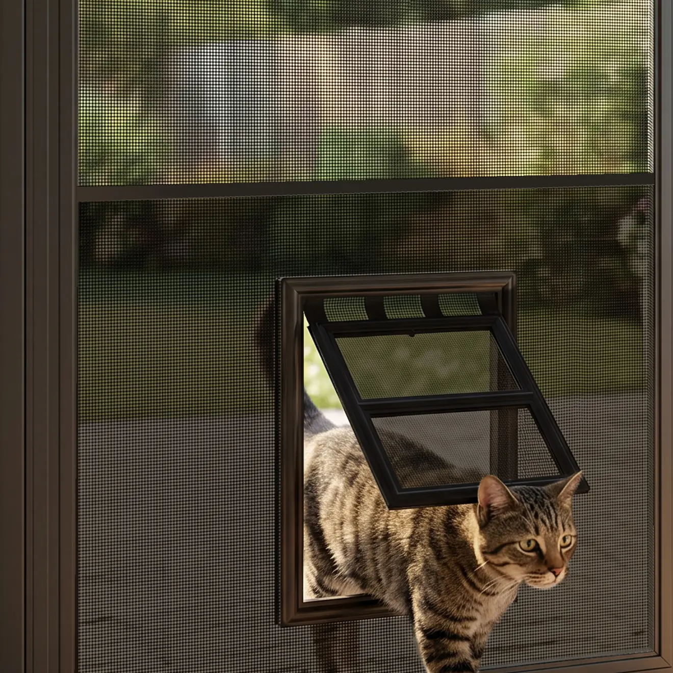 Chat passant par une chatière intégrée dans la moustiquaire de porte