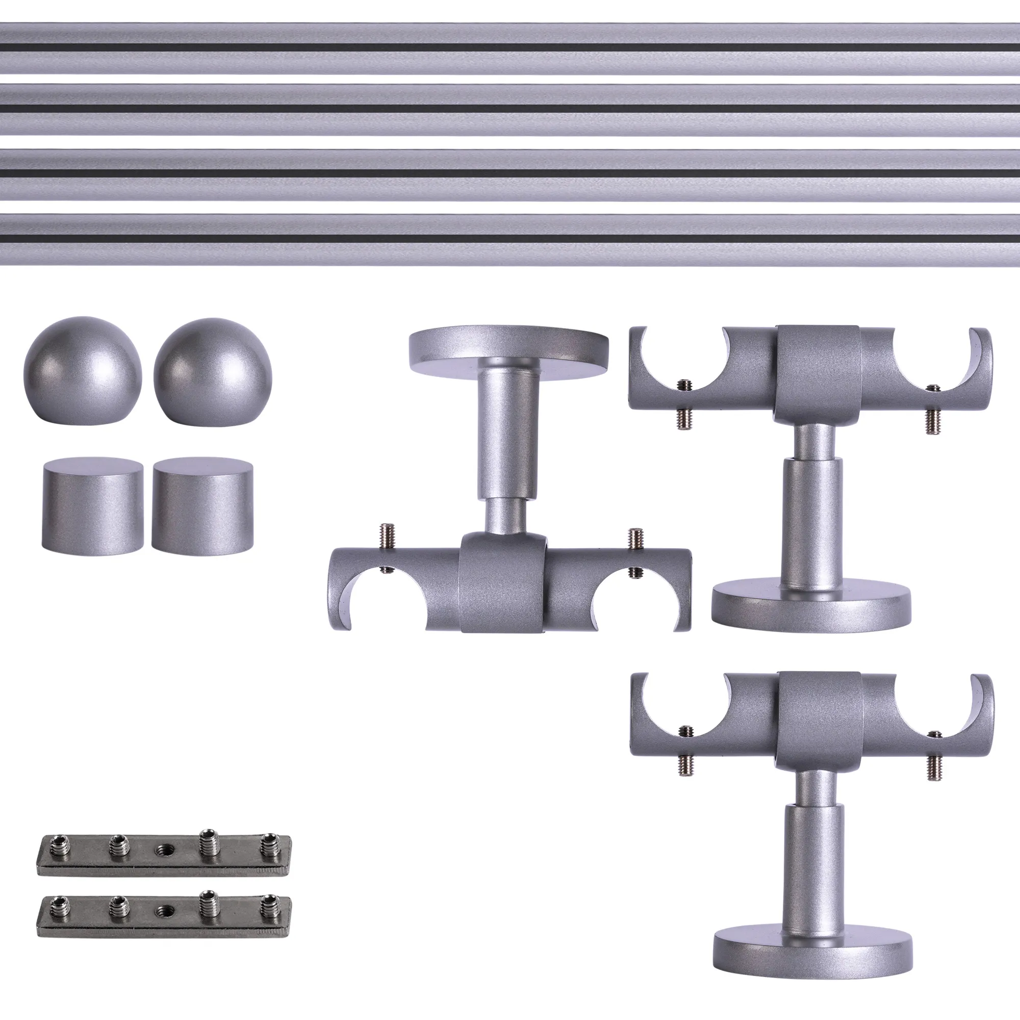 Set tringles à rideaux à rail intérieur | 2 rails, ⌀ 19 mm, 240 cm, argenté + Support plafond, Boule
