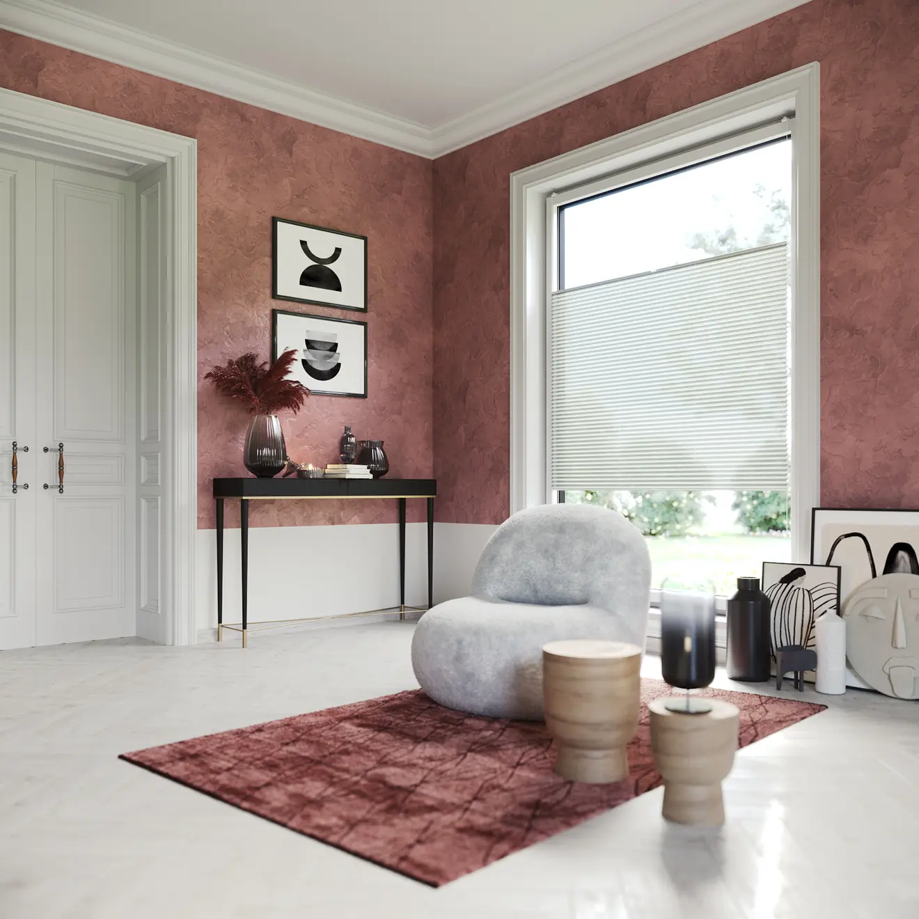 Plissee-Rollo an Fenster in modernem Wohnzimmer mit Sessel und Dekorationen