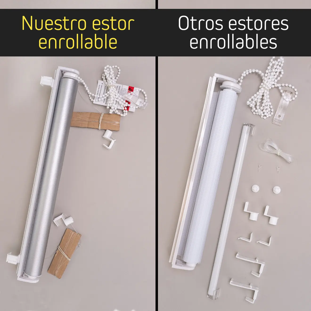 Comparación entre « Nuestro estor enrollable » y « Otros estores enrollables », estor premontado junto a otro en piezas separadas