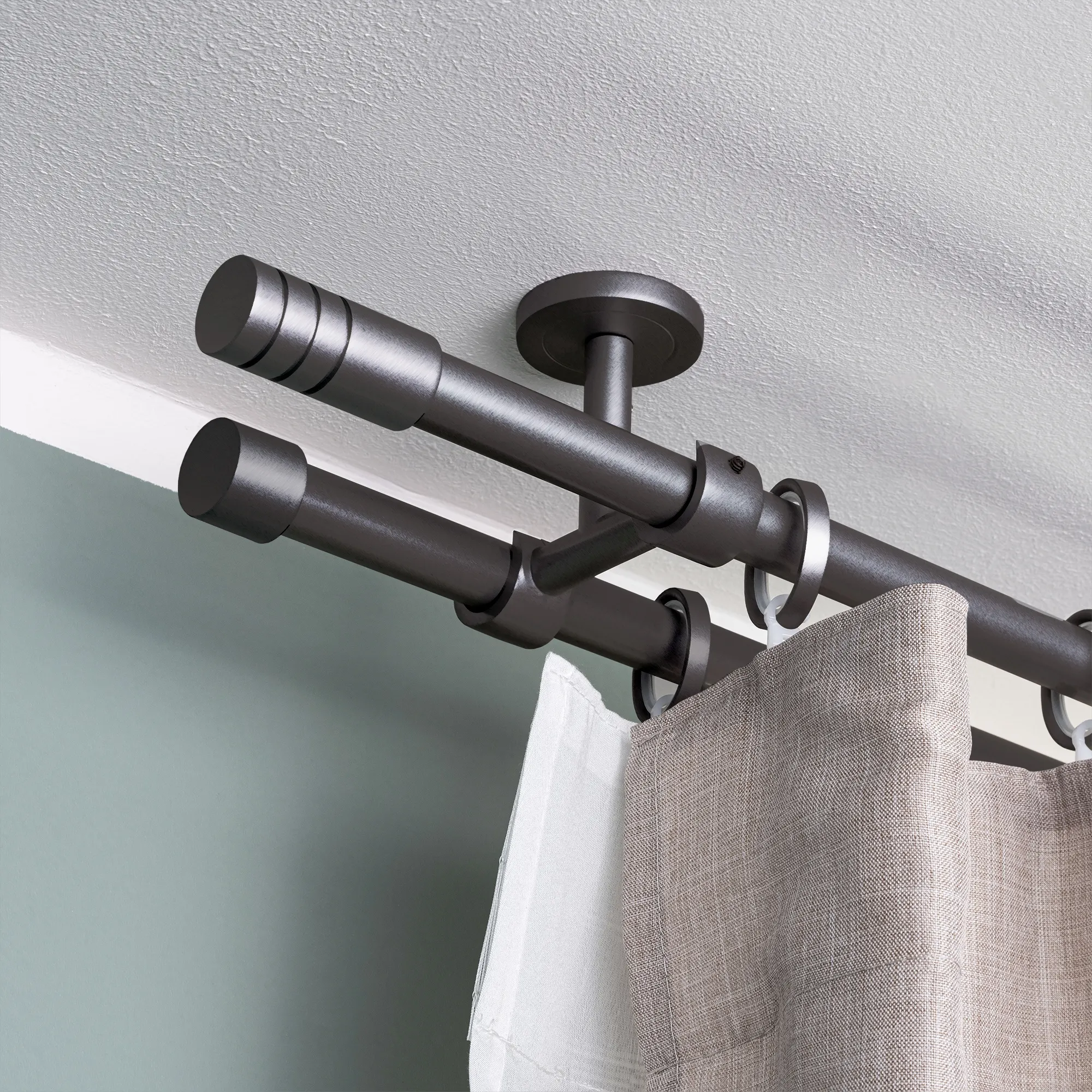 Zestaw karniszy | 2 szyny, ⌀ 19 mm, 120 cm, antracytowy + Uchwyt sufitowy, Końcówka żłobkowana