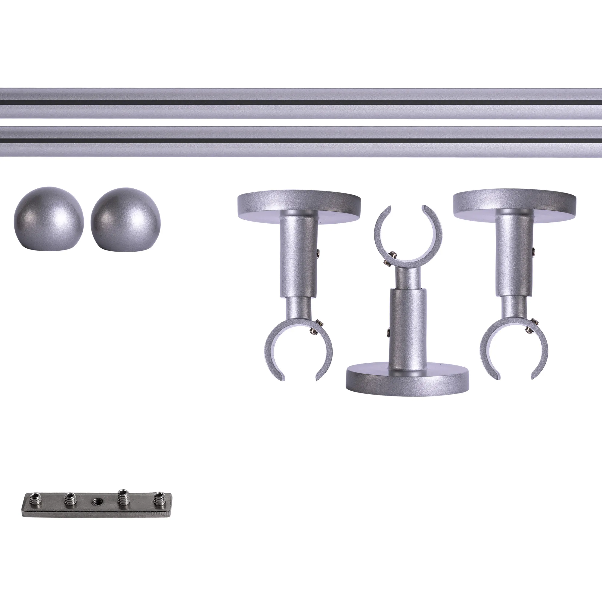Set tringles à rideaux à rail intérieur | 1 rail, ⌀ 19 mm, 280 cm, argenté + Support plafond, Boule