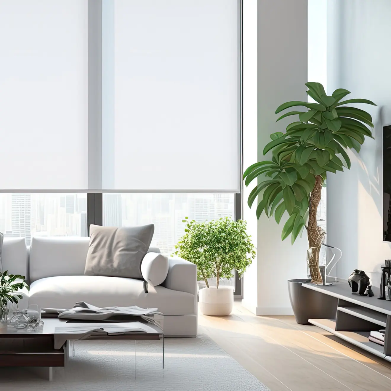 Wohnzimmer mit elektrischem Smart Rollo, Sofa, Couchtisch und Pflanzen