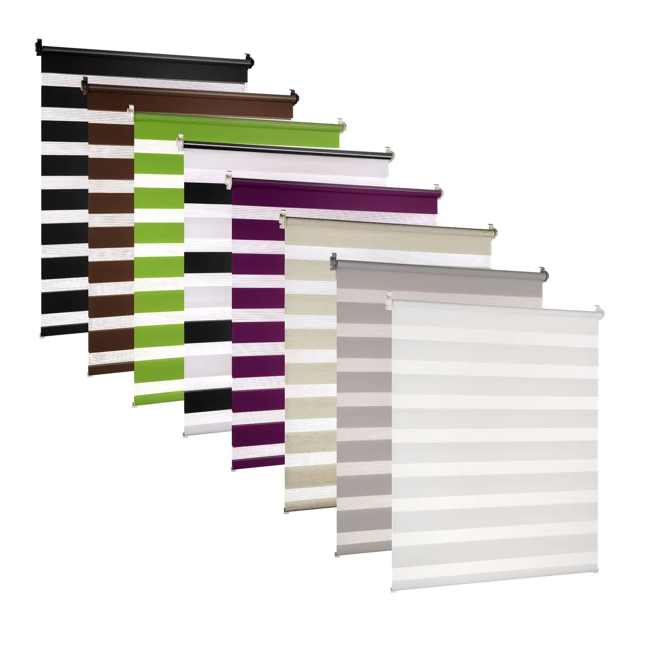 Klemmfix Doppelrollo in verschiedenen Ausführungen, nebeneinander angeordnet