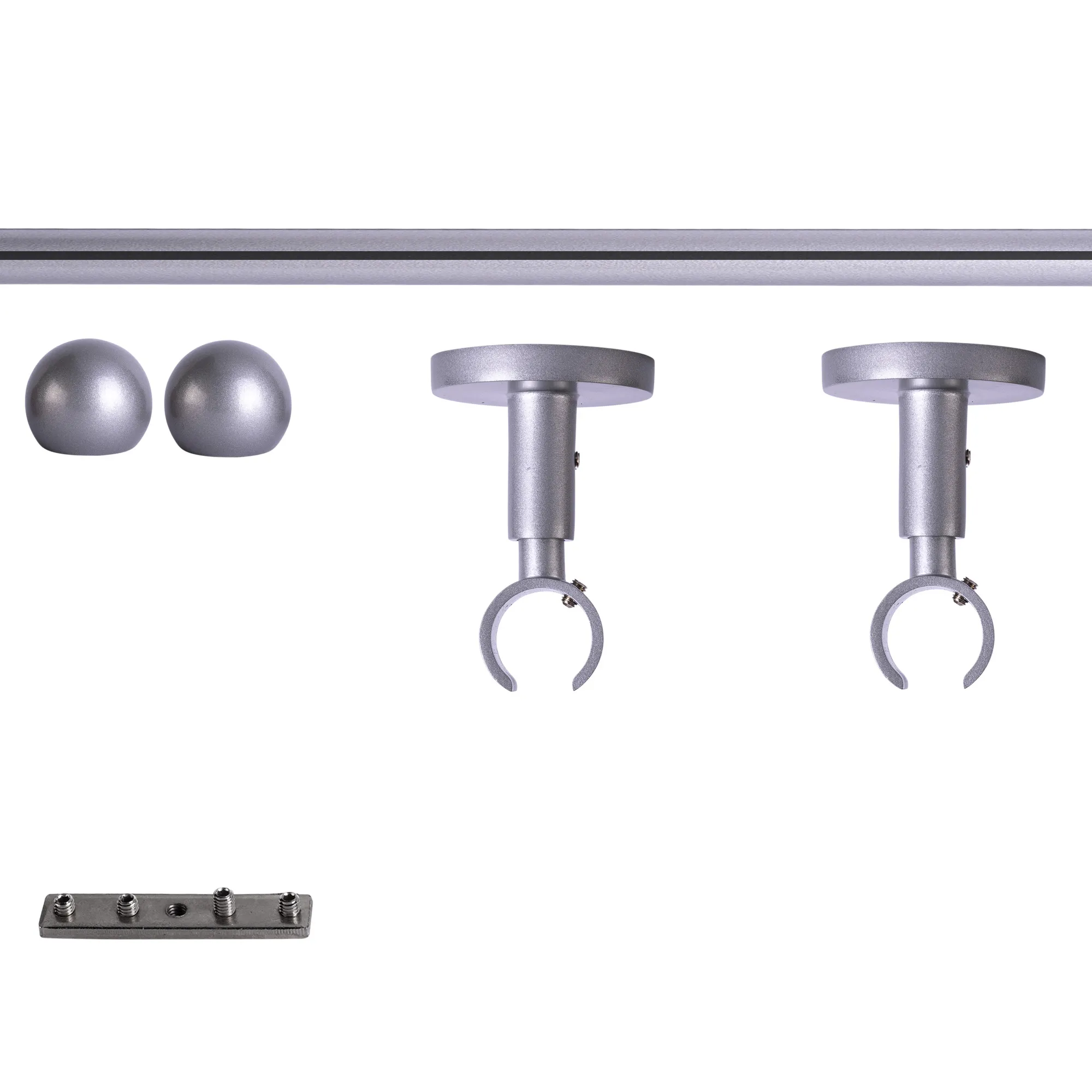 Set tringles à rideaux à rail intérieur | 1 rail, ⌀ 19 mm, 120 cm, argenté + Support plafond, Boule