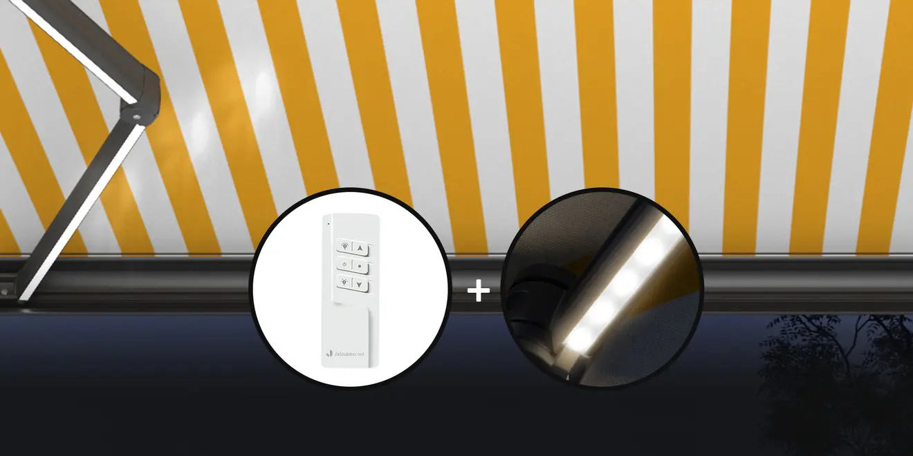 Markise mit gestreiftem Stoff, Fernbedienung und integrierter LED‑Beleuchtung