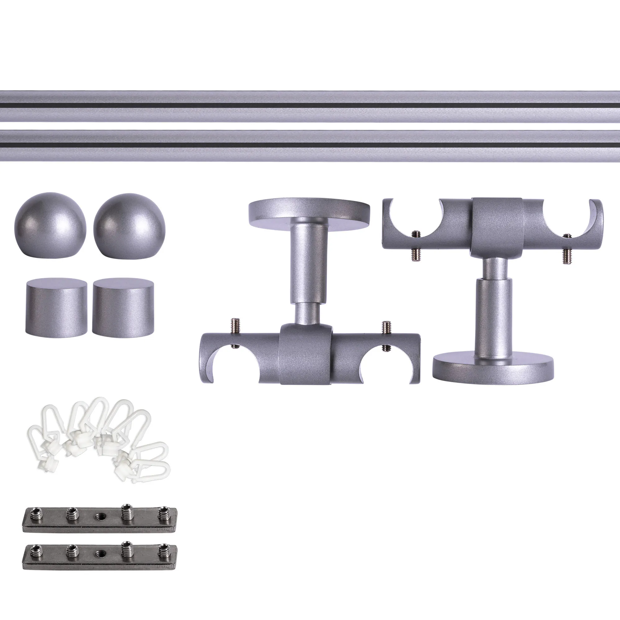 Set tringles à rideaux à rail intérieur | 2 rails, ⌀ 19 mm, 160 cm, argenté + Support plafond, Boule, Glisseur