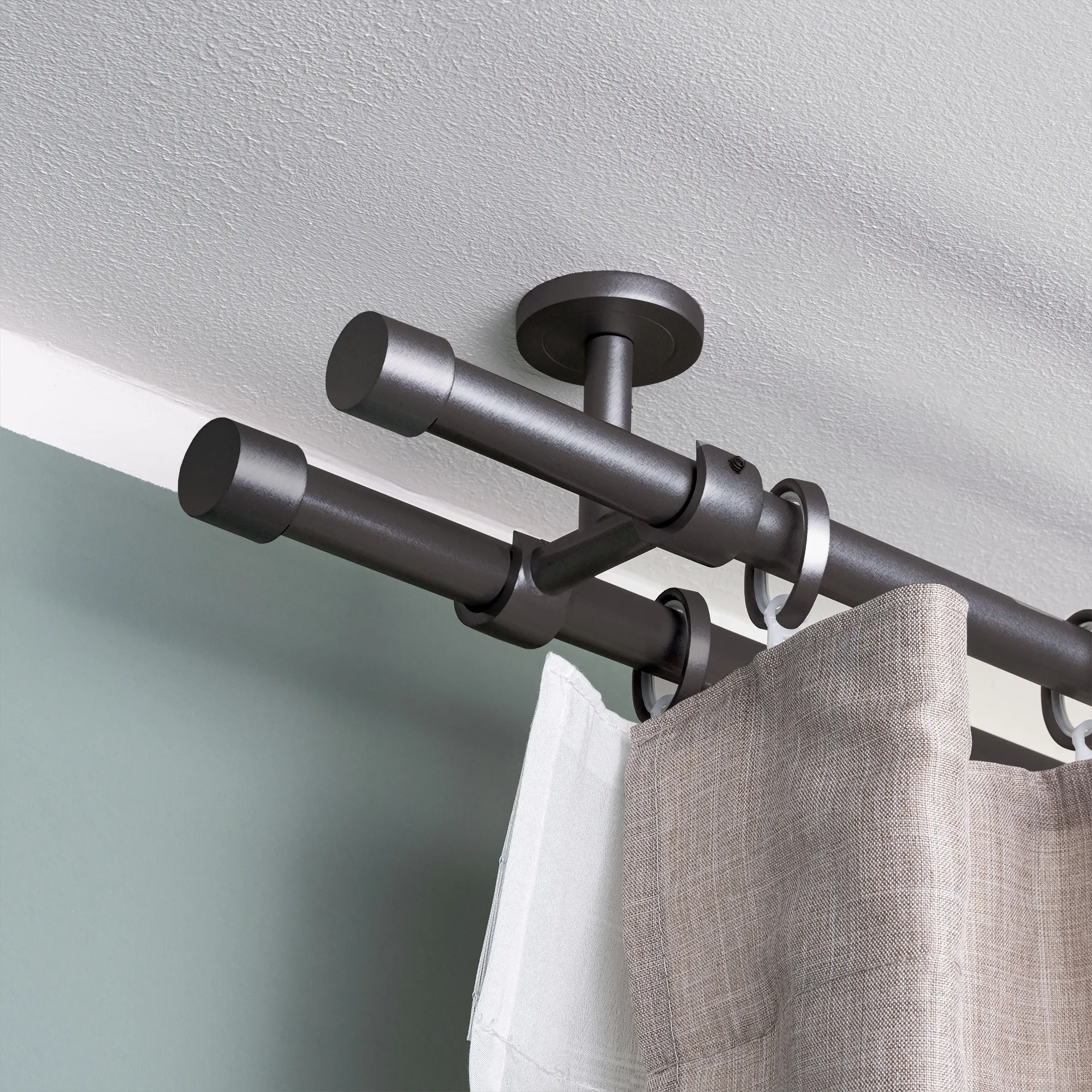 Zestaw karniszy | 2 szyny, ⌀ 19 mm, 120 cm, antracytowy + Uchwyt sufitowy, Końcówka