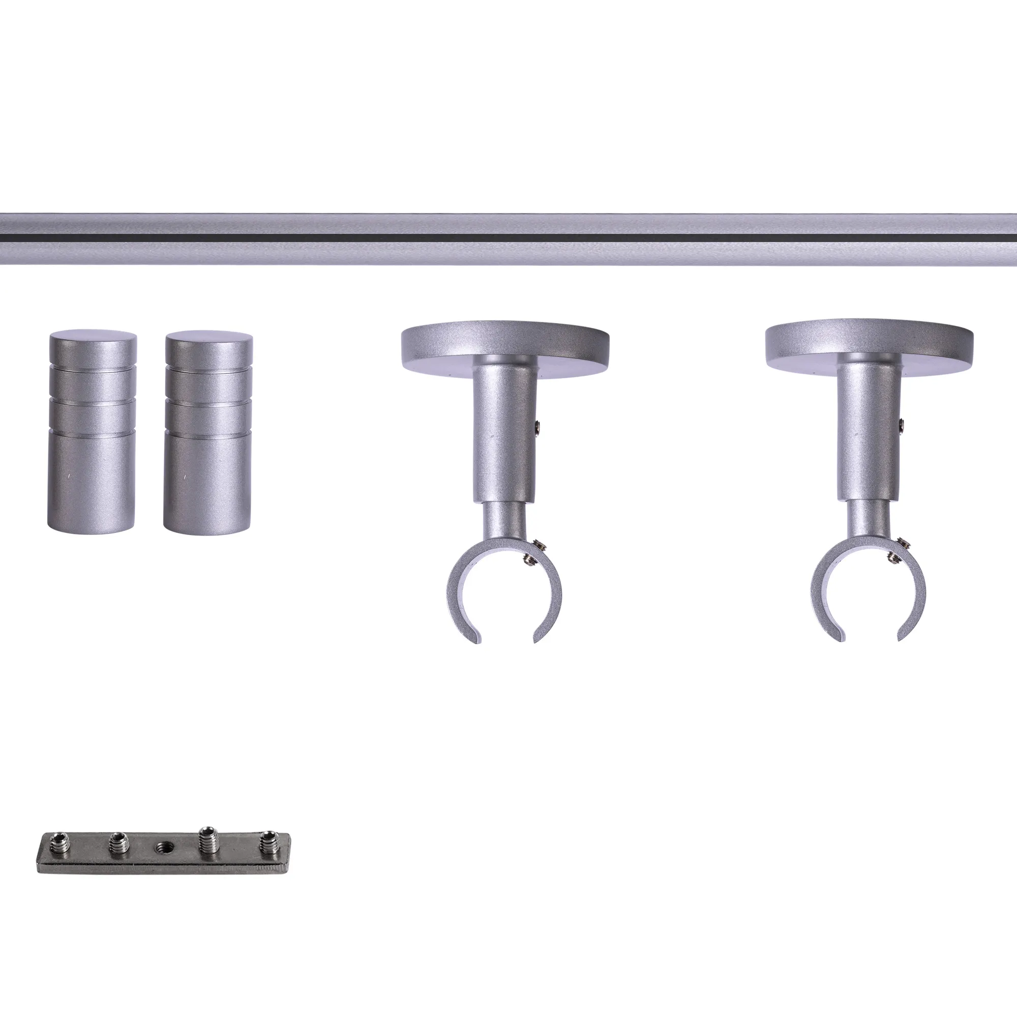 Set tringles à rideaux à rail intérieur | 1 rail, ⌀ 19 mm, 200 cm, argenté + Support plafond, Embout rainuré