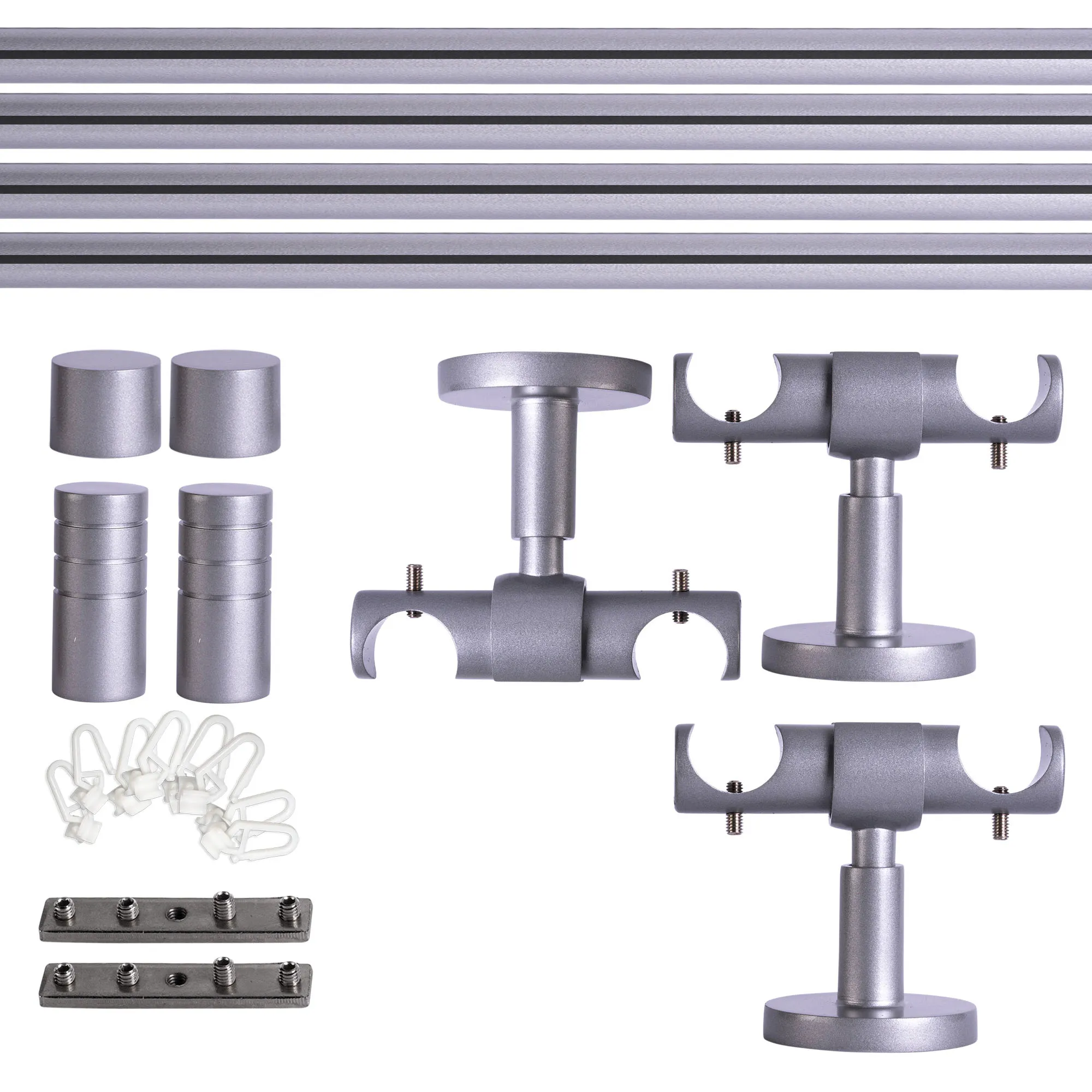 Set tringles à rideaux à rail intérieur | 2 rails, ⌀ 19 mm, 280 cm, argenté + Support plafond, Embout rainuré, Glisseur