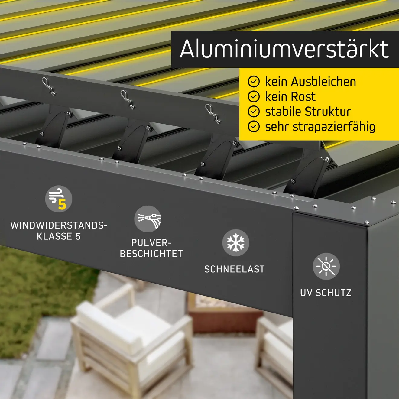 Pergola mit Lamellendach, aluminiumverstärkt, windbeständig, pulverbeschichtet, UV-Schutz