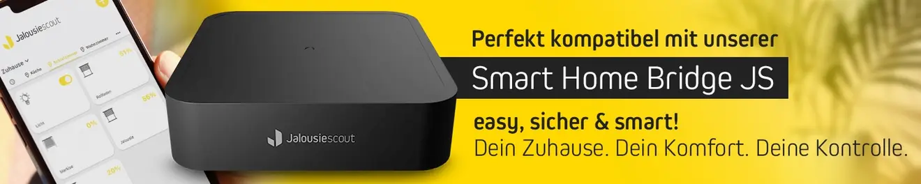 Smart Home Bridge JS neben Smartphone mit App-Interface, Text über Kompatibilität und Sicherheit