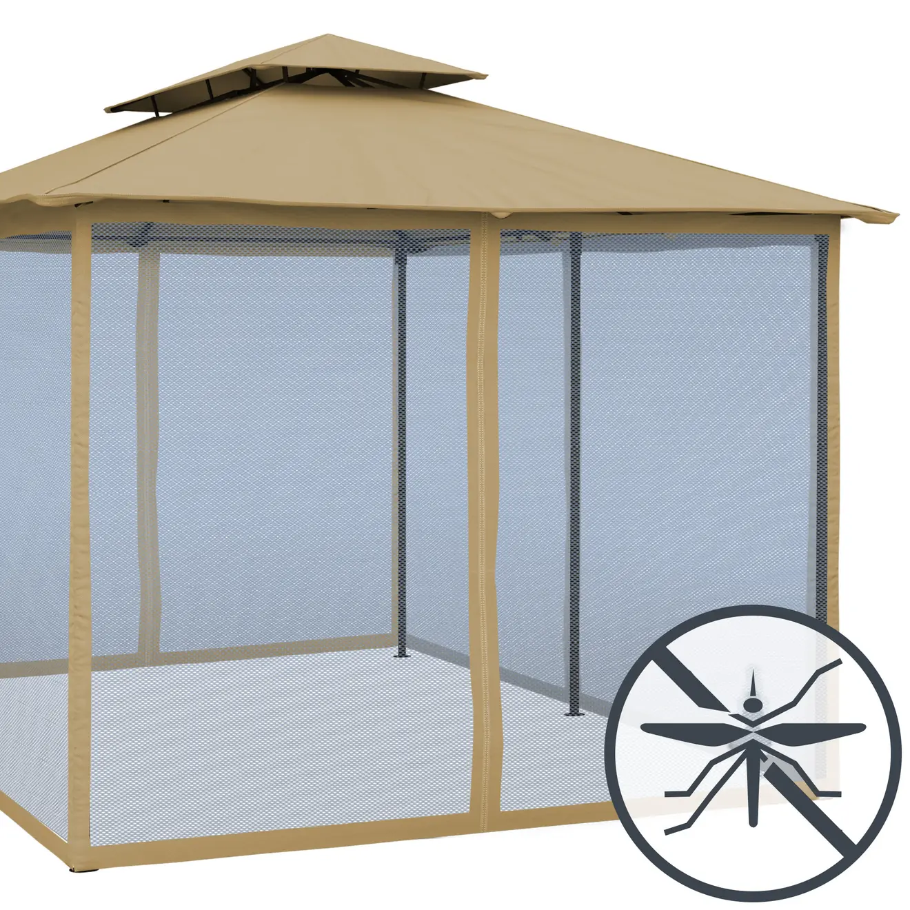 Gartenpavillon mit Moskitonetzen und Symbol für Insektenschutz