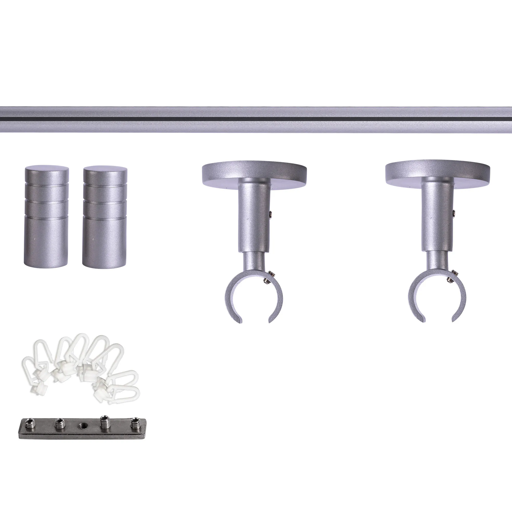 Set tringles à rideaux à rail intérieur | 1 rail, ⌀ 19 mm, 200 cm, argenté + Support plafond, Embout rainuré, Glisseur