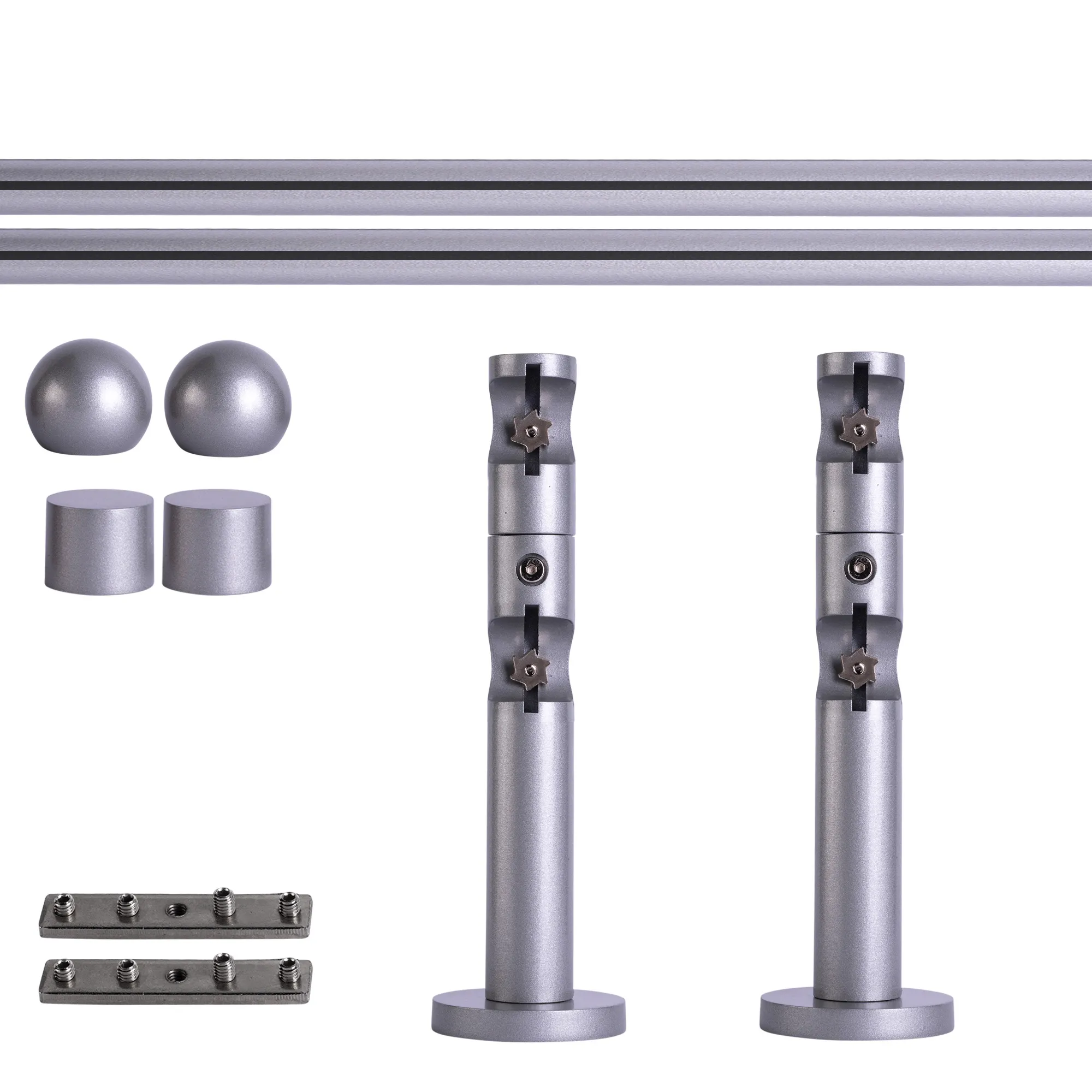 Set tringles à rideaux à rail intérieur | 2 rails, ⌀ 19 mm, 120 cm, argenté + Support mural, Boule