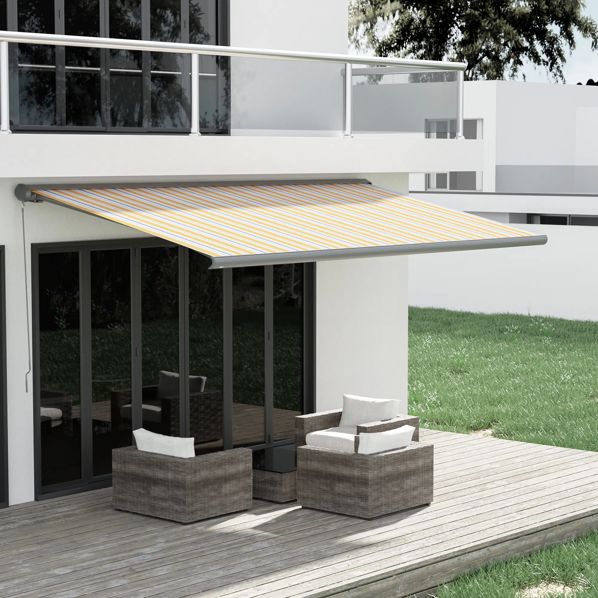 Kassettenmarkise Curve 2000 | 4,45 x 3,5 m / Gestell: anthrazit / Stoff: Multi, gelb-blau-grau