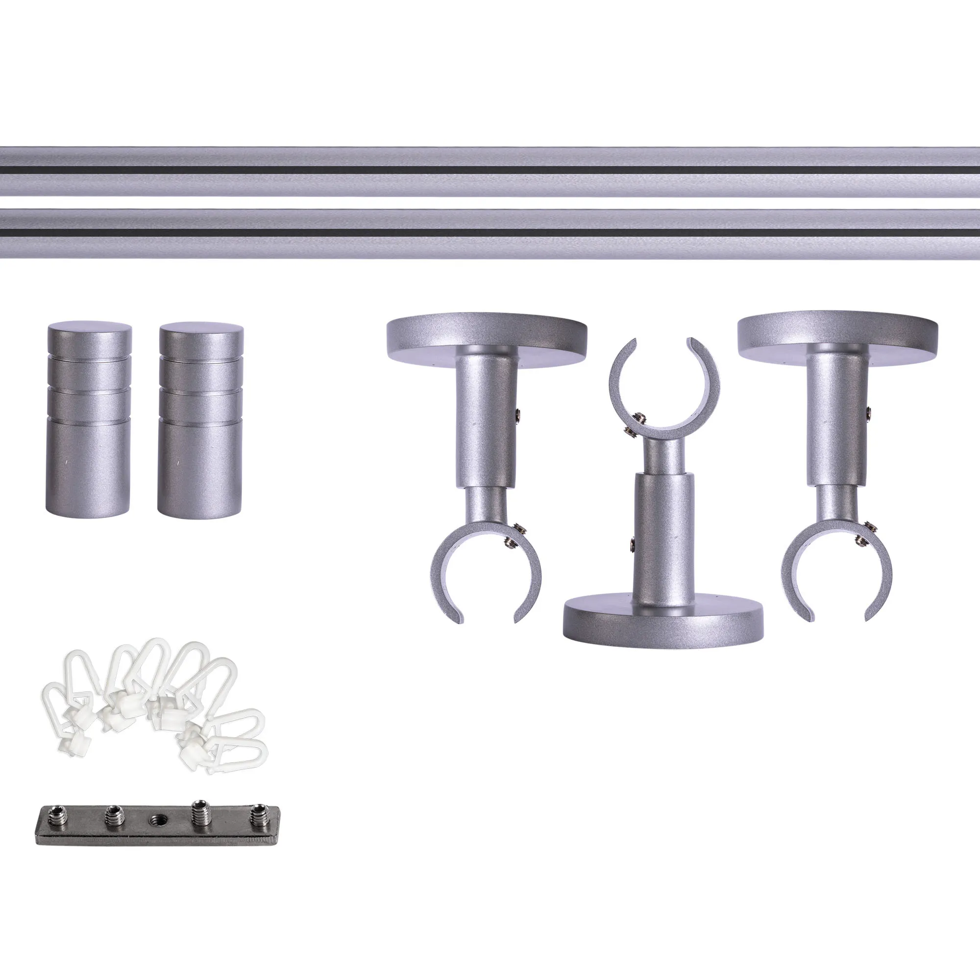 Set tringles à rideaux à rail intérieur | 1 rail, ⌀ 19 mm, 240 cm, argenté + Support plafond, Embout rainuré, Glisseur