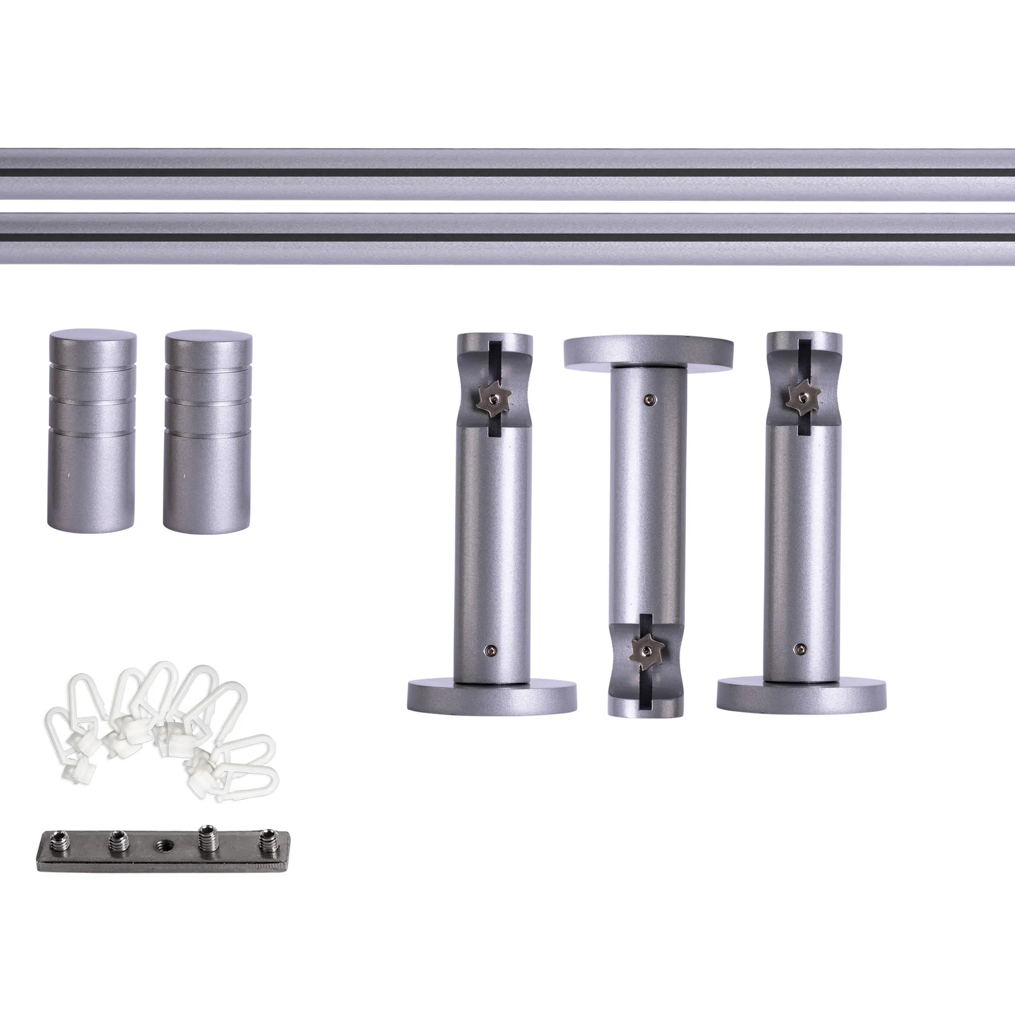 Set tringles à rideaux à rail intérieur | 1 rail, ⌀ 19 mm, 360 cm, argenté + Support mural, Embout rainuré, Glisseur