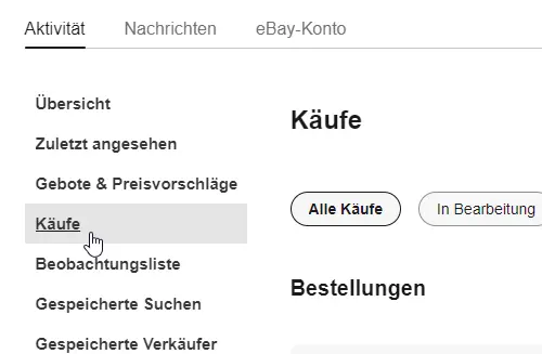 Benutzeroberfläche der eBay-Kontoaktivität mit hervorgehobener Option "Käufe"