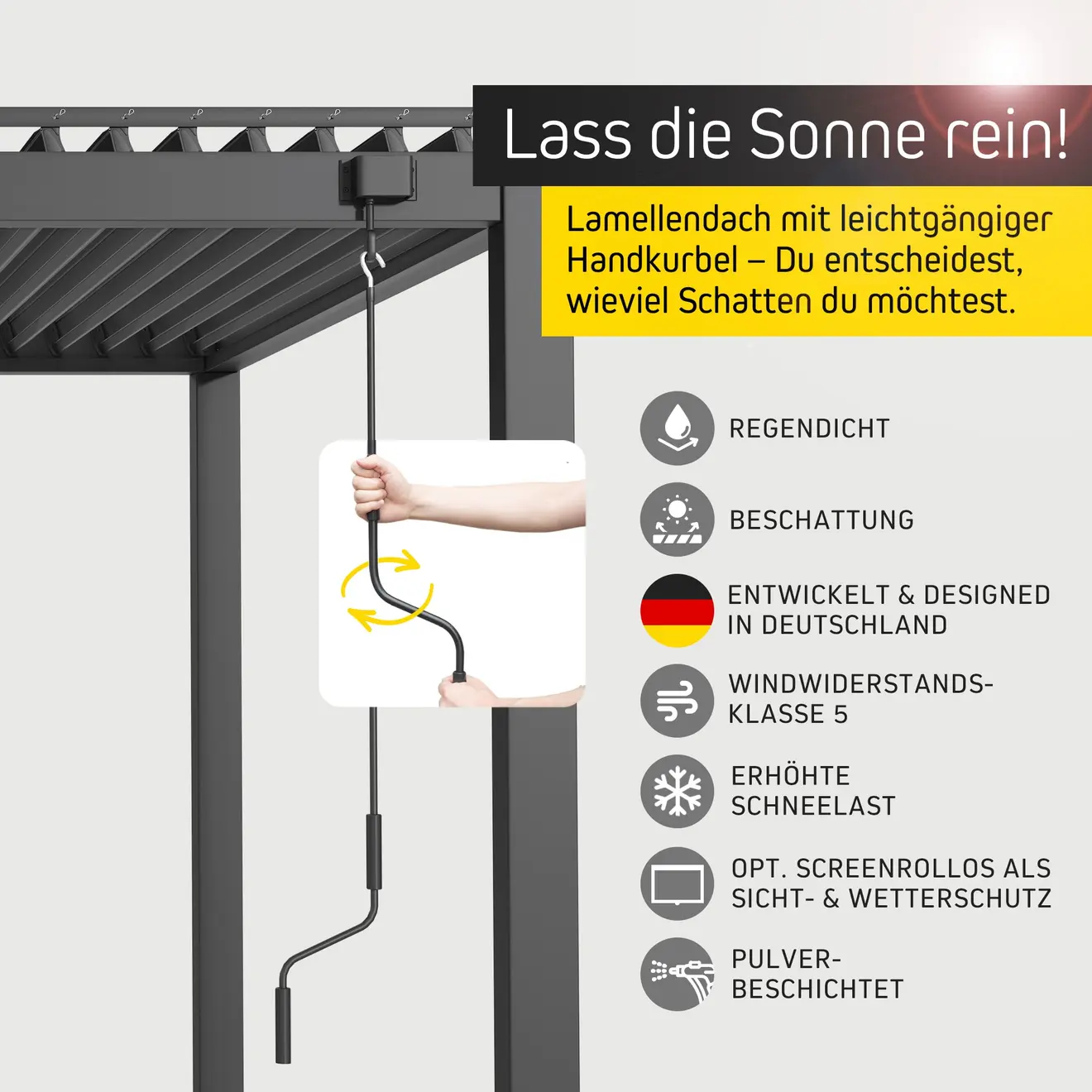 Pergola mit verstellbarem Lamellendach und Handkurbel zur individuellen Beschattung