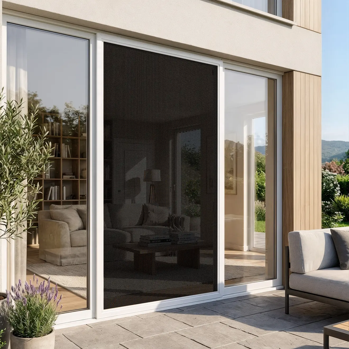 Porte coulissante avec moustiquaire intégrée sur ouverture de terrasse