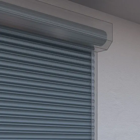 Außenrollo mit Schutzpanzer, montiert an einer Wand, teilweise heruntergelassen