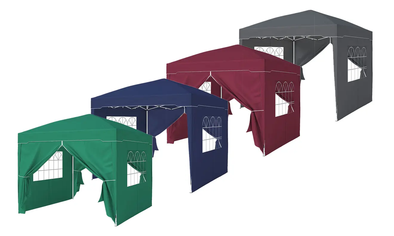 Faltpavillons in verschiedenen Farben mit Fenstern und Dach, geeignet für Outdoor-Veranstaltungen