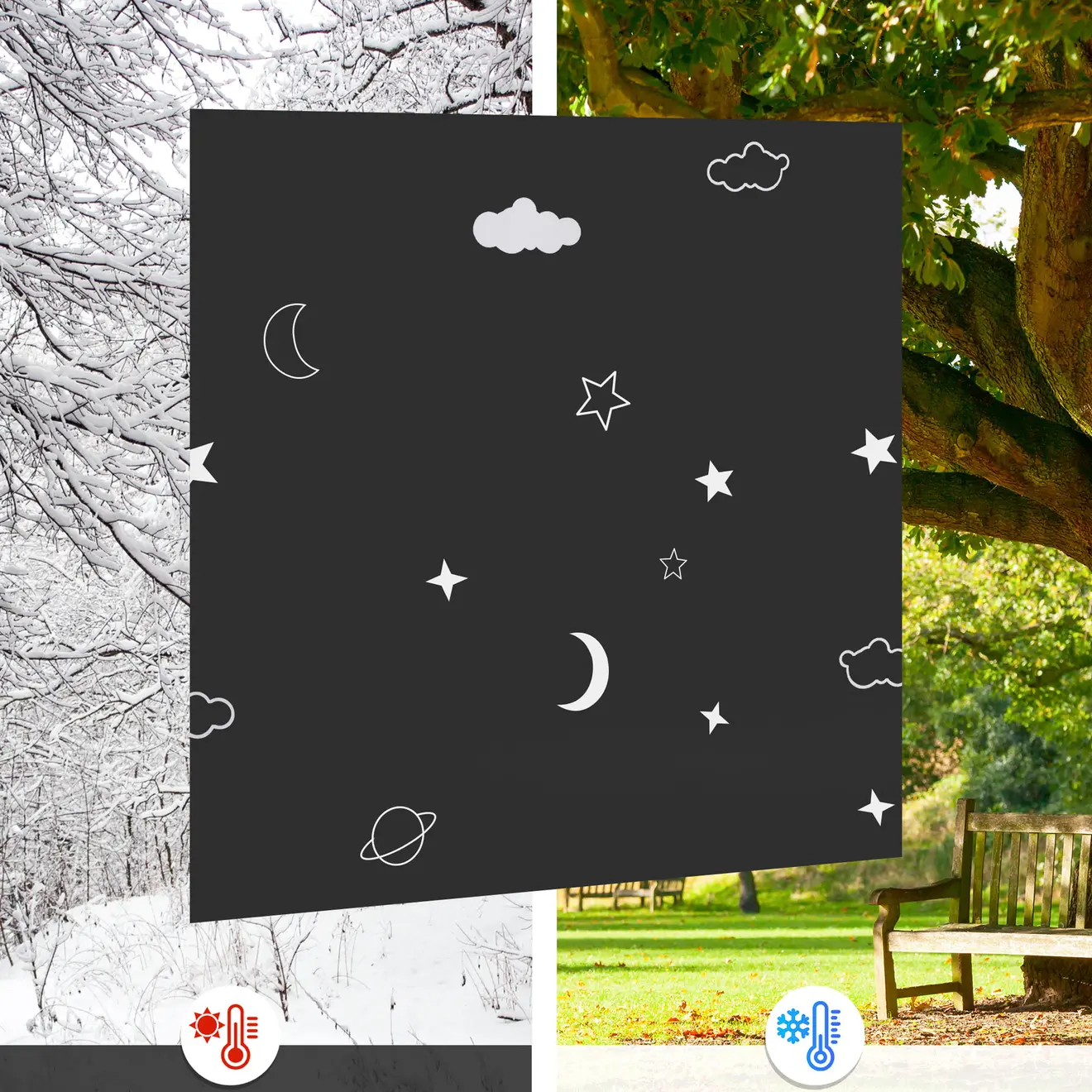 Fenster‑Verdunkelungsstoff mit Thermobeschichtung – hitzereflektierend im Sommer und wärmedämmend im Winter, dargestellt mit Sommer‑ und Winterlandschaft