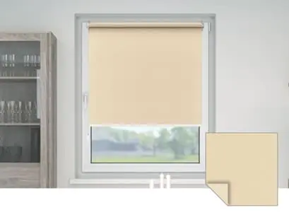 Standardrollo an einem Fenster mit Detailansicht des Stoffes