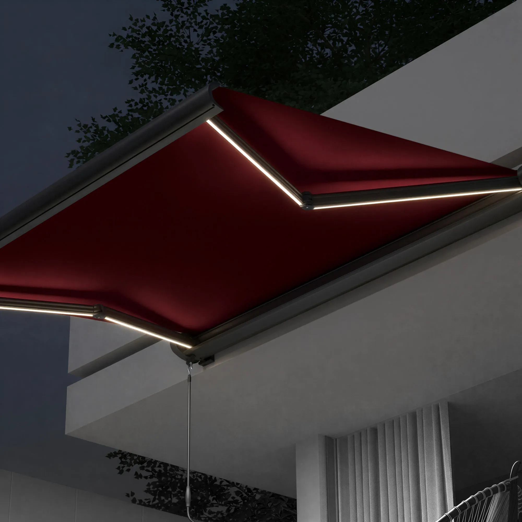 Markiza w kasecie Curve LED | 5 x 3,5 m, antracytowy, tkanina: bordowa, gładka