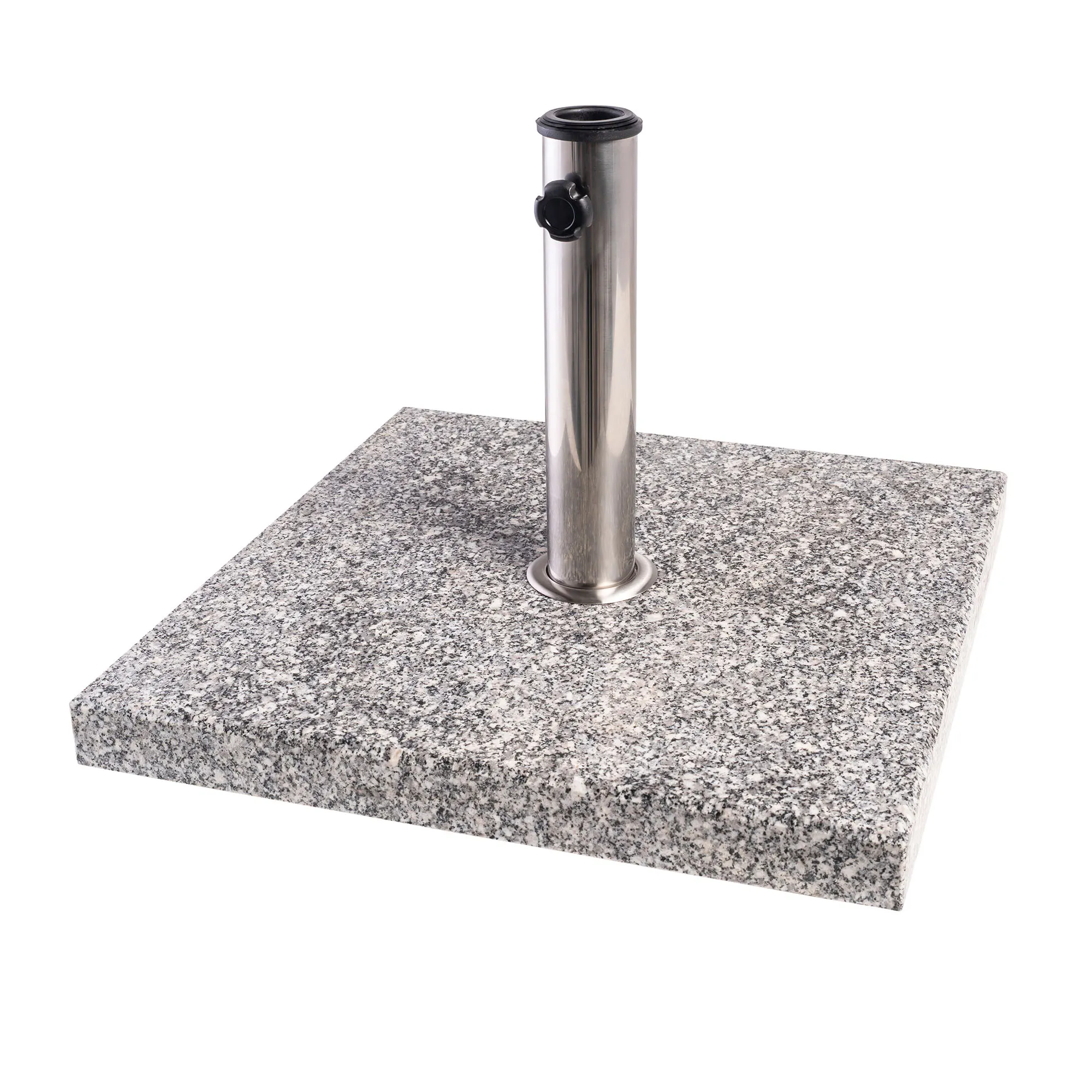 Base per ombrellone quadrata in granito con tubo metallico e vite di bloccaggio